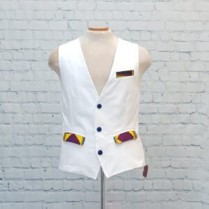 White Twill Vest with Kente Print Accents - Type B Front set against white brick wall background