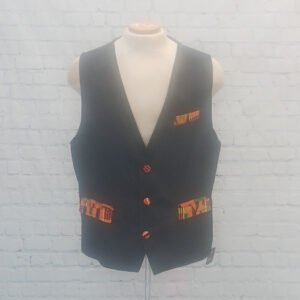 Black Vest with Orange Kente Print Accents