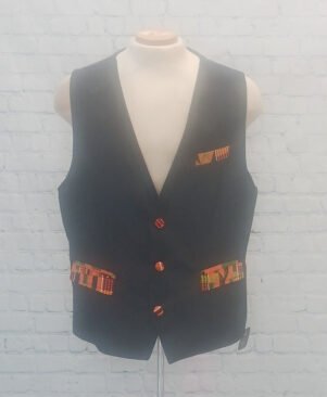 Black Vest with Orange Kente Print Accents